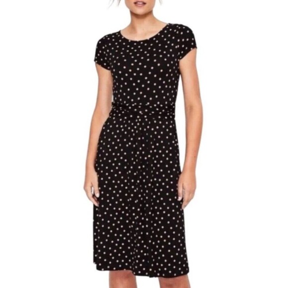 Boden Amelie Jersey Dress Polka Dot Black Pink Sz 10 petite 10P Office casual - Picture 2 of 11